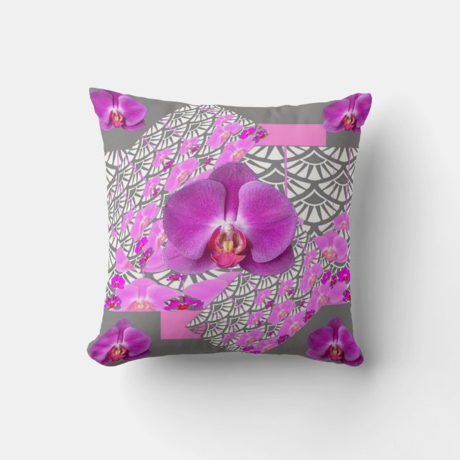 CERISE PINK ORCHID FLOWERS GREY DECO THROW PILLOW (Front)