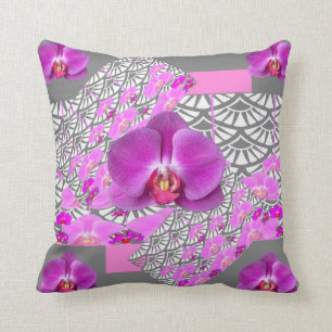 CERISE PINK ORCHID FLOWERS GREY DECO THROW PILLOW