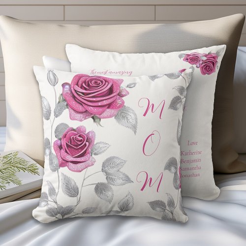 Cerise Pink Rose Silver Leaf Moms Love  Throw Pillow