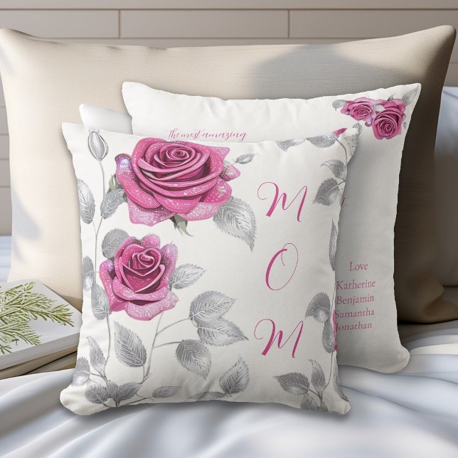 Cerise Pink Rose Silver Leaf Mom's Love  Throw Pillow (Creator Uploaded)