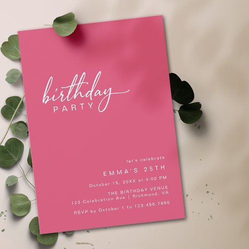 Cerise Pink  Simple Modern Typography Birthday Invitation
