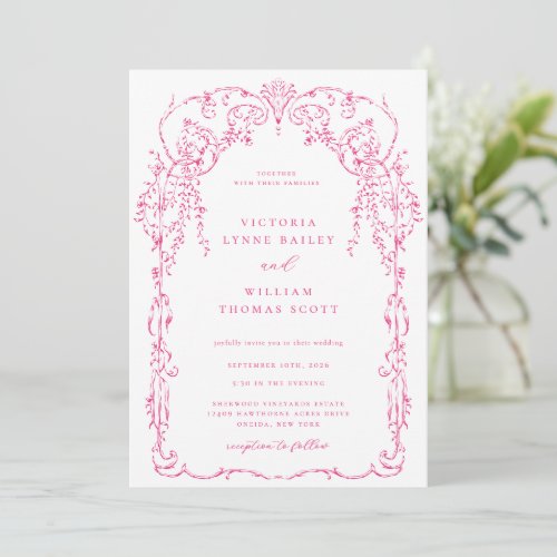 Cerise Pink Victorian Frame Wedding Invitation