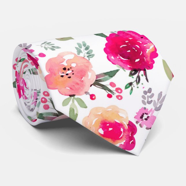 Cerise Pink Watercolor Floral Wedding Neck Tie (Rolled)