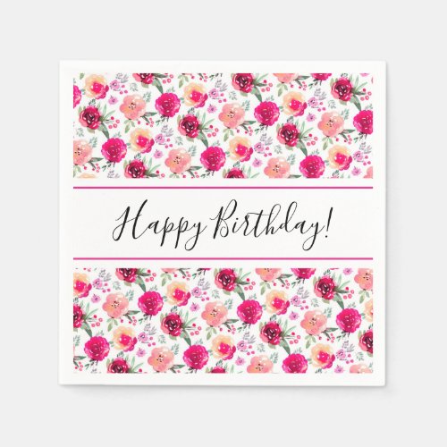 Cerise Watercolor Floral Birthday Napkins