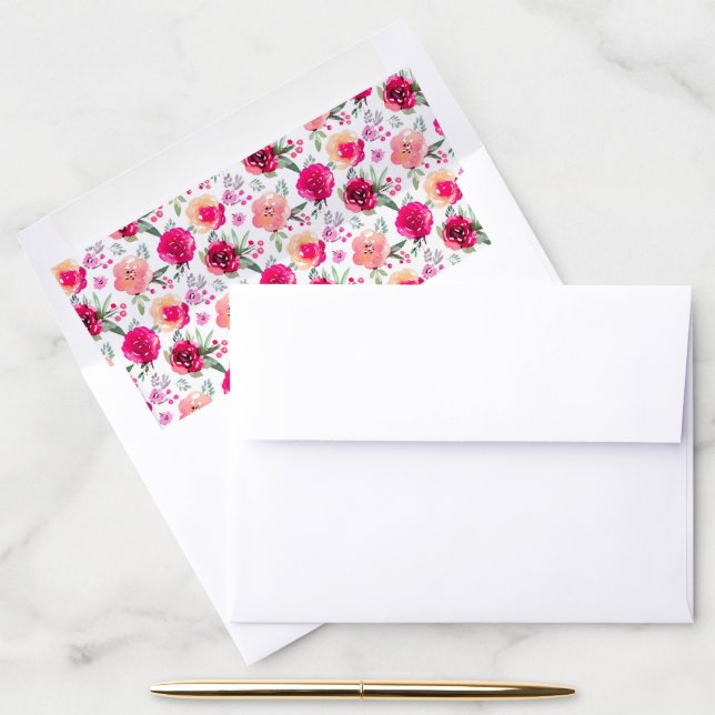 Cerise Watercolor Floral Pattern Envelope Liners (Desk)