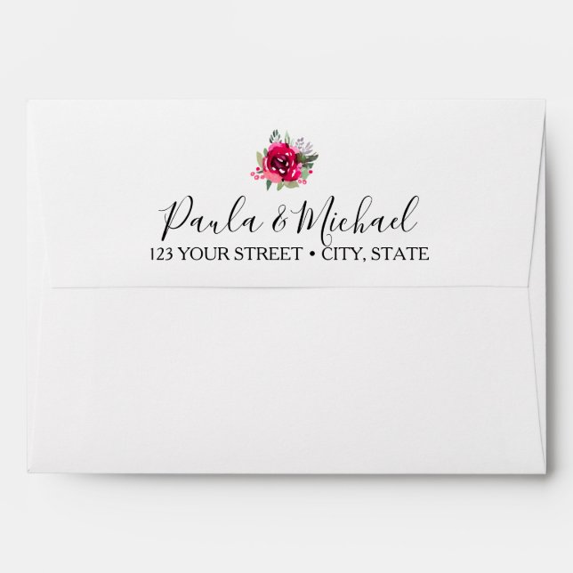 Cerise Watercolor Floral Printed Address Envelopes (Back (Top Flap))