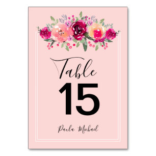 Cerise Watercolor Flowers   Pink Table Number