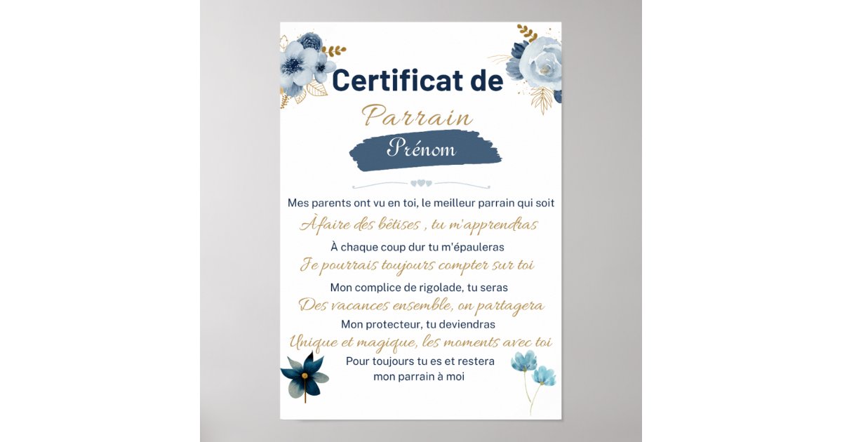 certificat de Parrain Poster | Zazzle