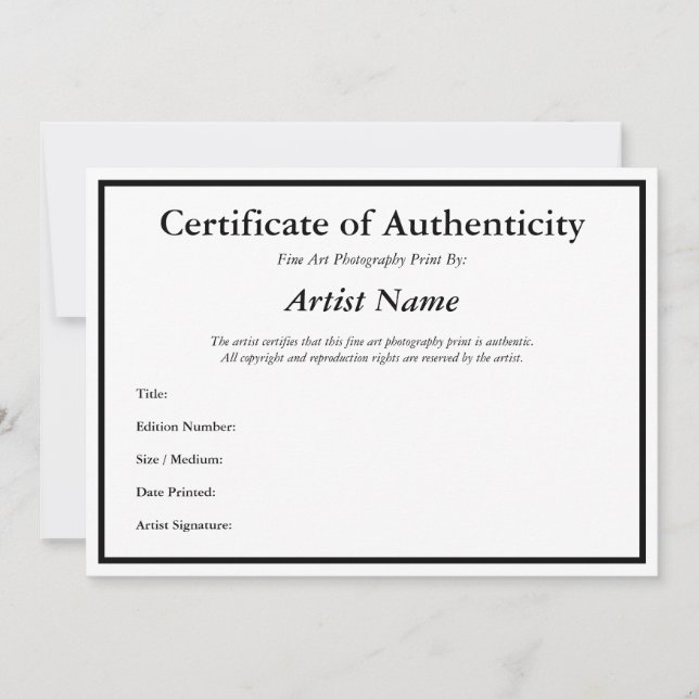 Certificate Authenticity for Photography Template (Front)