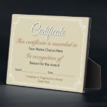 Certificate Award Plaque<br><div class="desc">Award a Certificate that will stand alone as a Plaque. Free standing plaque certificate award. Personalise with details of the recipient,  reason for the award,  and date,  etc.</div>