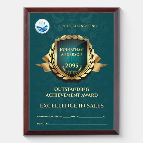 Certificate excellence sales business teal gold  award plaque