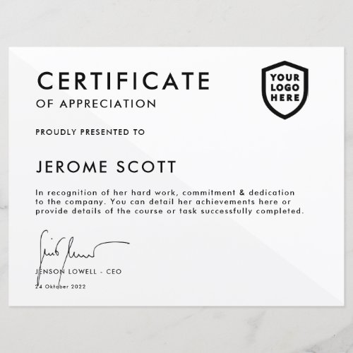 Certificate  Modern Business Logo Award Template