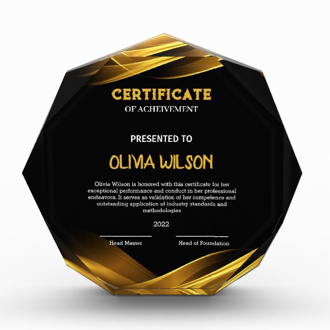 Certificate of achievement acrylic award (Front)