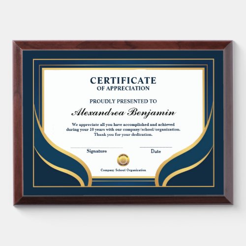 Certificate Of Achievement Excellence Professional Award Plaque