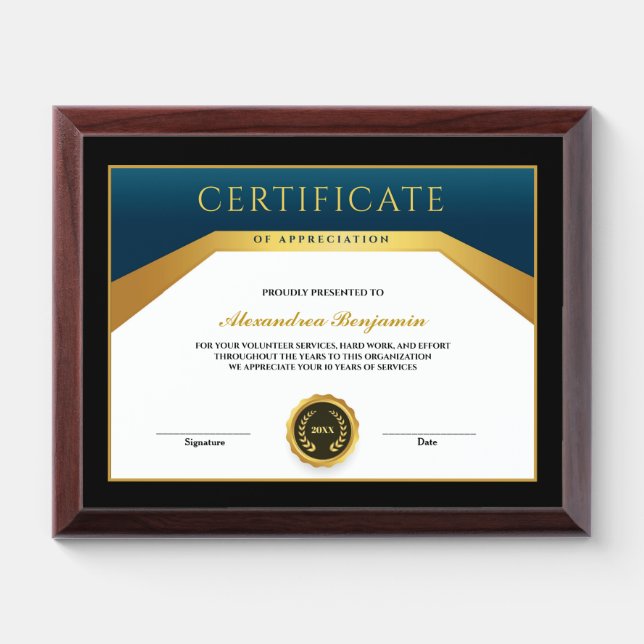 Certificate Of Achievement Excellence Professional Award Plaque (Horizontal)