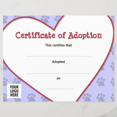 Certificate of Adoption Dog Cat Any Pet
