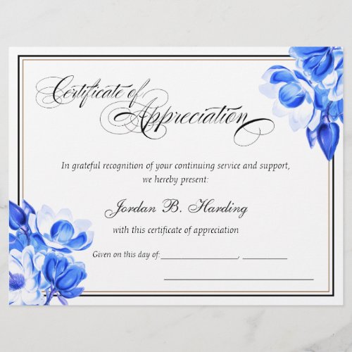Certificate of Appreciation Award Blue Floral 