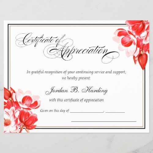 Certificate of Appreciation Award red Floral 