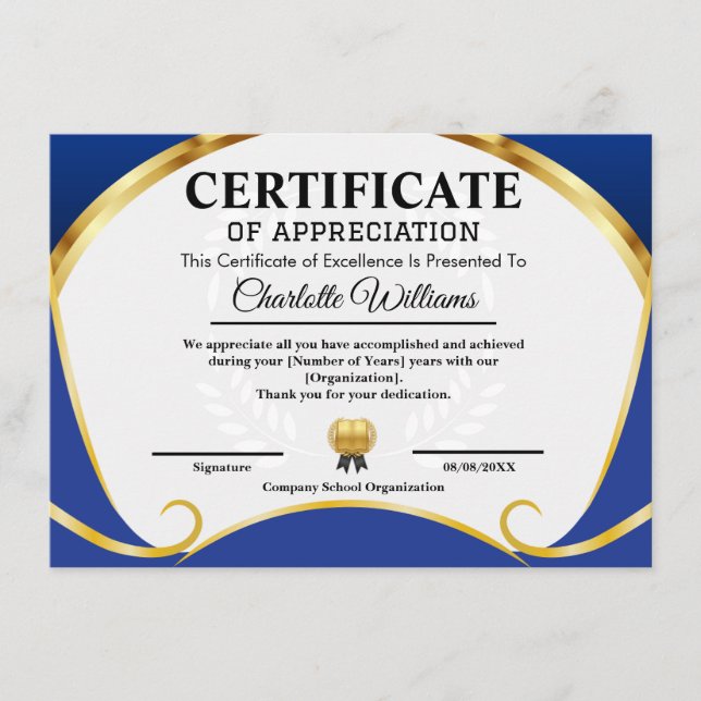 Certificate of Appreciation Blue Gold Elegant (Front)