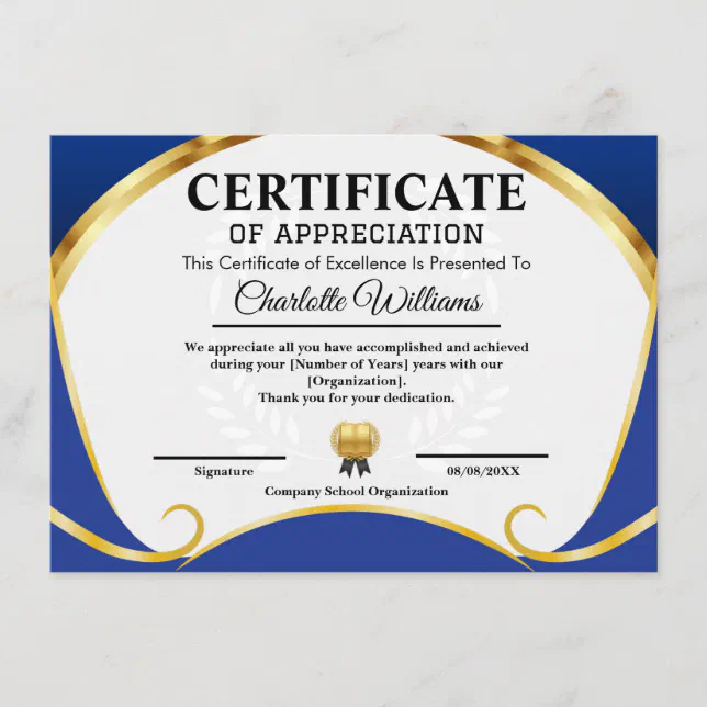 Certificate of Appreciation Blue Gold Elegant | Zazzle