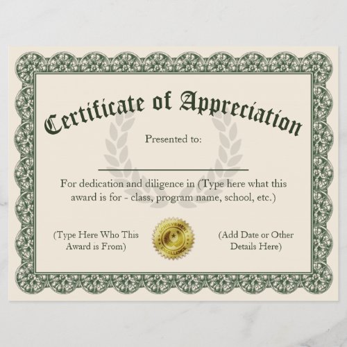 Certificate of Appreciation Customizable 85x11