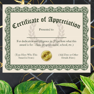Certificate of Appreciation, Customizable 8.5x11