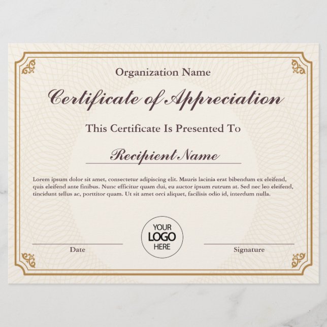 Certificate of Appreciation Customizable Award (Front)