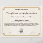 Certificate of Appreciation Customizable Award<br><div class="desc">Certificate of Appreciation Customizable Award. Easily personalize this custom award, all text is editable, including the logo seal. Click on the 'Personalize This Template' link located upper right corner of the product page. This will allow you to edit the text, you can also add your company logo here or you...</div>