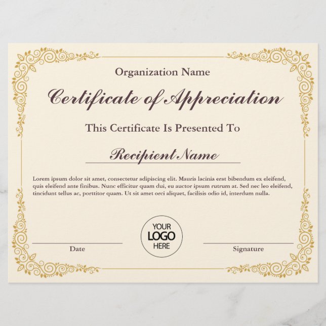 Certificate of Appreciation Customizable Award (Front)