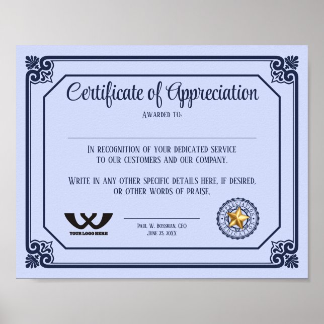 Certificate of appreciation employee volunteer poster (Front)