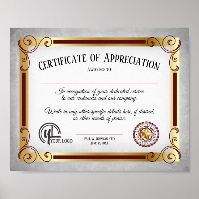 Certificate of appreciation employee volunteer poster (Front)
