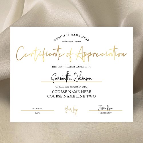 Certificate of Appreciation Faux Gold Awards