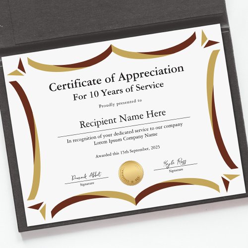 Certificate of Appreciation for Years of Service