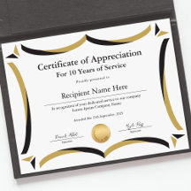 Certificate of Appreciation for Years of Service