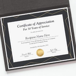 Certificate of Appreciation for Years of Service