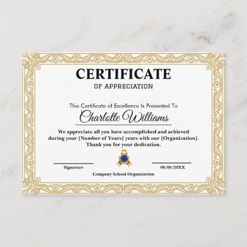 Certificate of Appreciation Gold Elegant Template