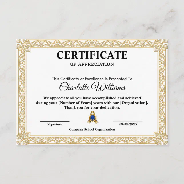 Certificate of Appreciation Gold Elegant Template | Zazzle