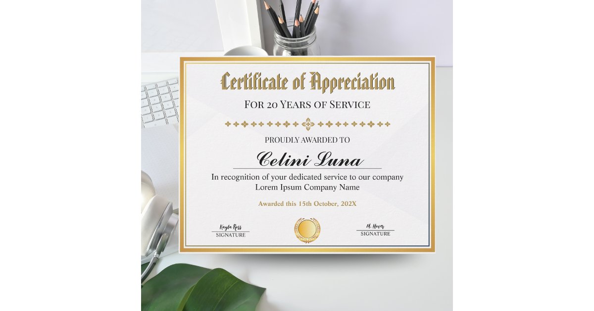 Certificate of Appreciation - Gold Frame Work | Zazzle