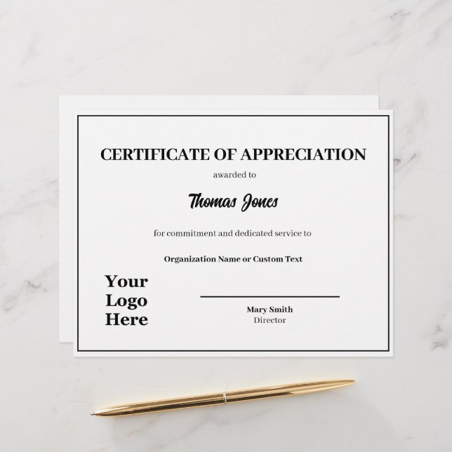 Certificate of Appreciation Logo Template Award (Front/Back In Situ)