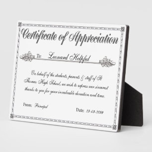Certificate of Appreciation Personalized Award Plaque