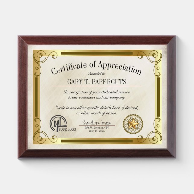Certificate of appreciation recognition display award plaque (Horizontal)