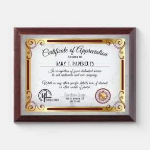 Certificate of appreciation recognition display award plaque