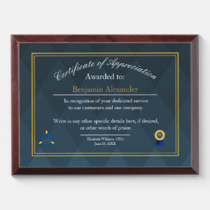 Certificate of appreciation recognition navy award plaque