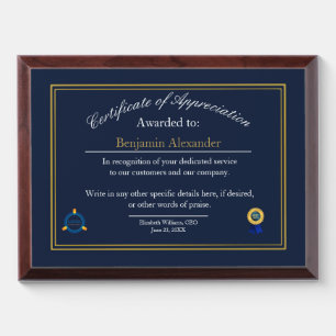 Certificate of appreciation recognition navy award plaque