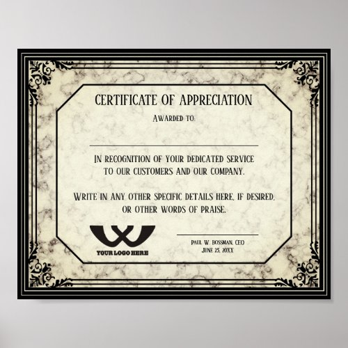 Certificate of appreciation staff employee award poster