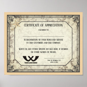 Certificate of appreciation staff employee award poster