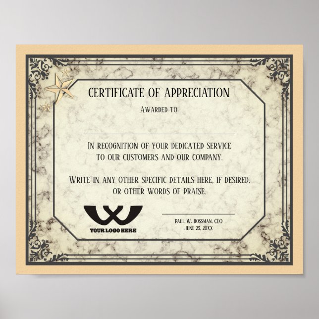 Certificate of appreciation staff employee award poster (Front)