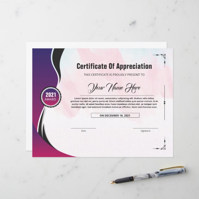 Certificate of appreciation template (Front/Back In Situ)
