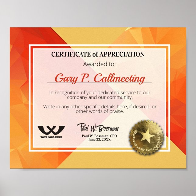 Certificate of appreciation volunteer employee pos poster (Front)