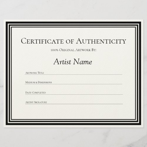 Certificate of Authenticity Art Letter Paper